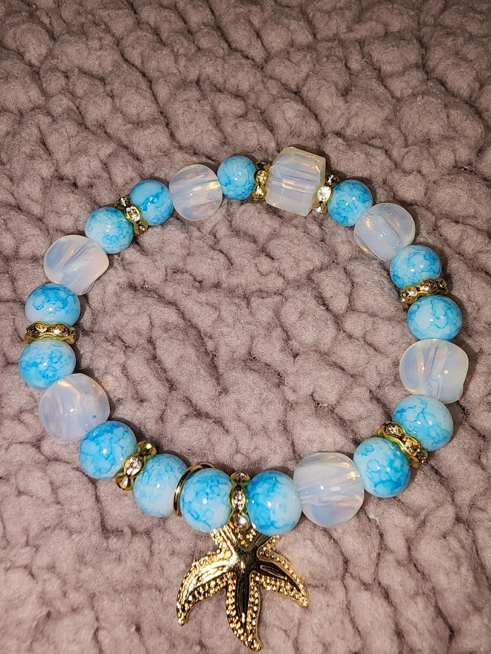 Gold Starfish Charm Blue & Opal Beaded Bracelet Homemade- One Size $12 NWOT
